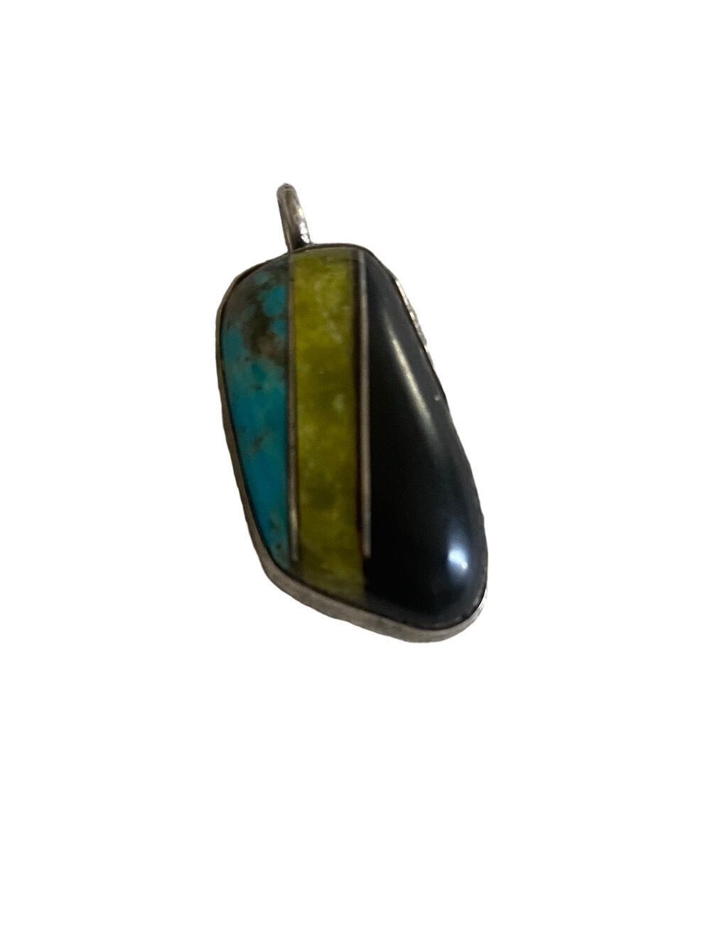 Vintage Sterling Silver Multi-Stone Inlay Pendant Turquoise Onyx